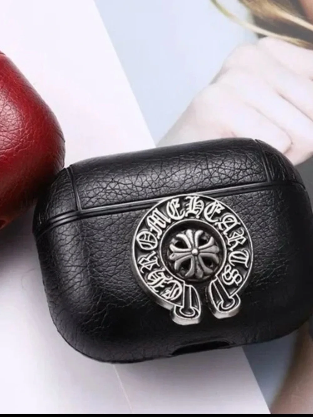 AirPods PRO 3 (2025) tumbled leather case in the style of Chrome Hearts